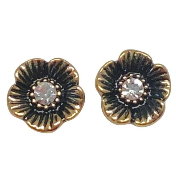 Vintage Flower Stud Earrings Black Floral Rhinestone Accent 1/4 Inch - Picture 5 of 8
